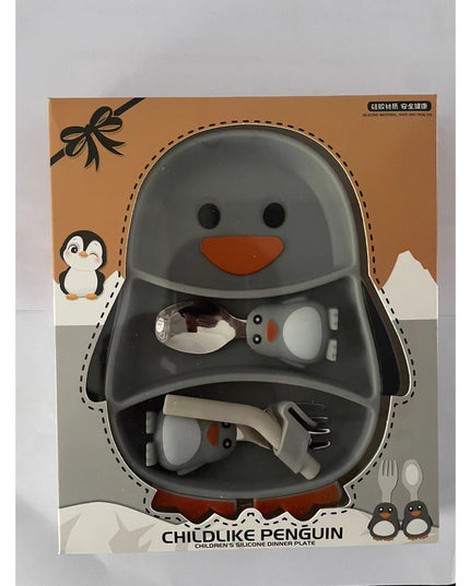 Set diversificare bebelusi din silicon, 23.5 x 12.5 cm, 1 farfurie compartimentata in forma de pinguin, lingurita si furculita, pai, perie pai, fara alergeni, ventuza fixare, forma creativa