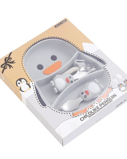 Set diversificare bebelusi din silicon, 23.5 x 12.5 cm, 1 farfurie compartimentata in forma de pinguin, lingurita si furculita, pai, perie pai, fara alergeni, ventuza fixare, forma creativa