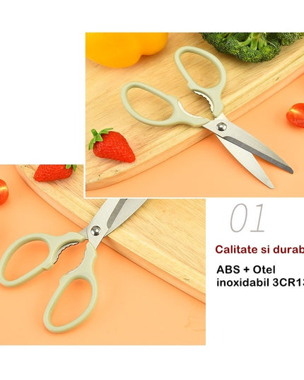 foarfeca pentru bucatarie curatator legume tip suport, multifunctional, spargator nuci, material ABS si otel inoxidabil, maner ergonomic
