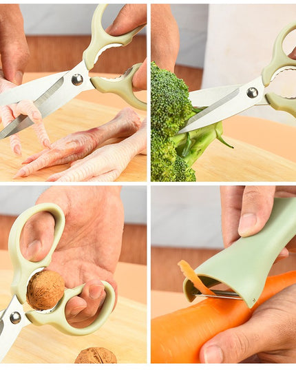 foarfeca pentru bucatarie curatator legume tip suport, multifunctional, spargator nuci, material ABS si otel inoxidabil, maner ergonomic