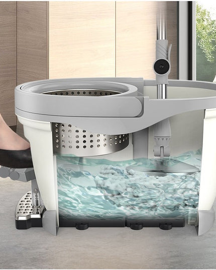 Galeata cu Pedala si Mop Rotativ 360°, Cu Actiune Centrifuga x4, Pentru Uz Casnic, Maner din Otel Inoxidabil Telescopic, 2 Capte din Bumbac