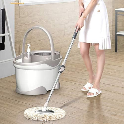 Galeata si Mop Rotativ 360°, Cu Dubla Actiune Centrifuga, Pentru Uz Casnic, Maner din Otel Inoxidabil Telescopic, 2 Capte din Bumbac