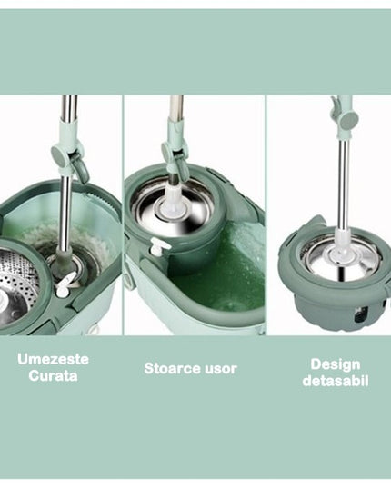 mop rotativ cu galeata material plastic si microfibra, o rezerva inclusa, rezistent, cu dop scurgere, vas detasabil, orificiu pentru solutie, pentru interior, capacitate 8 l