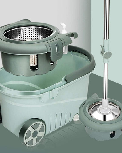 mop rotativ cu galeata material plastic si microfibra, o rezerva inclusa, rezistent, cu dop scurgere, vas detasabil, orificiu pentru solutie, pentru interior, capacitate 8 l