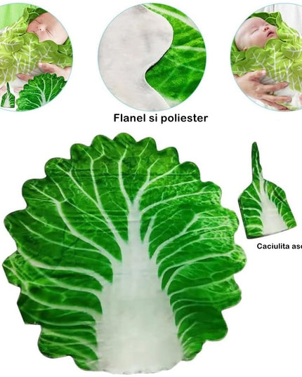 patura flanel si caciula forma frunza de salata, pentru nou-nascuti, material poliester