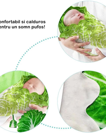 patura flanel si caciula forma frunza de salata, pentru nou-nascuti, material poliester