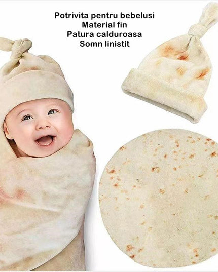 patura flanel si caciula forma lipie, pentru nou-nascuti, material poliester