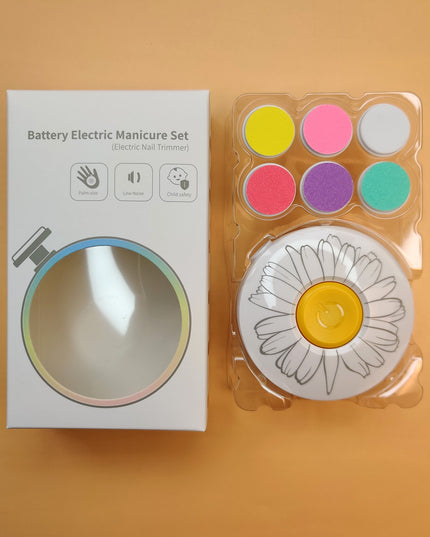 Set Pila Electrica pentru Copii si Bebelusi, ABS, Incarcare USB, Model cu Flori, 6 Accesorii, cu Lumina LED