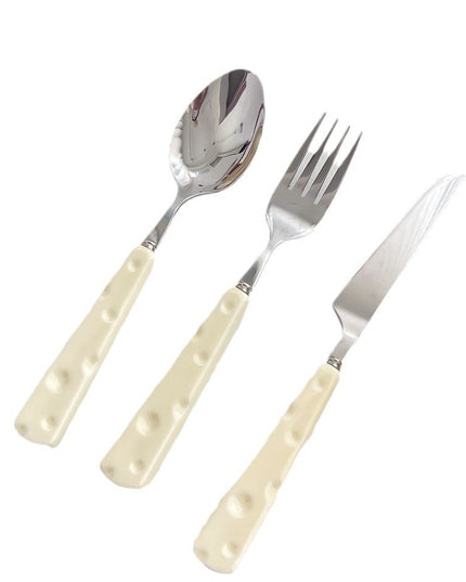 Tacamuri pentru Copii, 3 Piese, Tacamuri pentru Dejun, Lingura Furculita Cutit, Stil Italian, Manere forma Cascaval Plastic, Inox