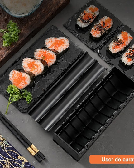 ustensile pentru facut sushi 10 piese, forma inima inclus, 3 forme clasice, extensibil, finisaj lucios, material ABS, curatare usoara
