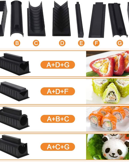 ustensile pentru facut sushi 10 piese, forma inima inclus, 3 forme clasice, extensibil, finisaj lucios, material ABS, curatare usoara