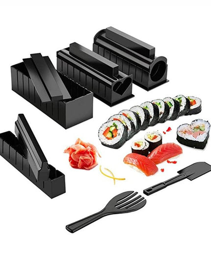 ustensile pentru facut sushi 10 piese, forma inima inclus, 3 forme clasice, extensibil, finisaj lucios, material ABS, curatare usoara
