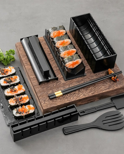 ustensile pentru facut sushi 10 piese, forma inima inclus, 3 forme clasice, extensibil, finisaj lucios, material ABS, curatare usoara