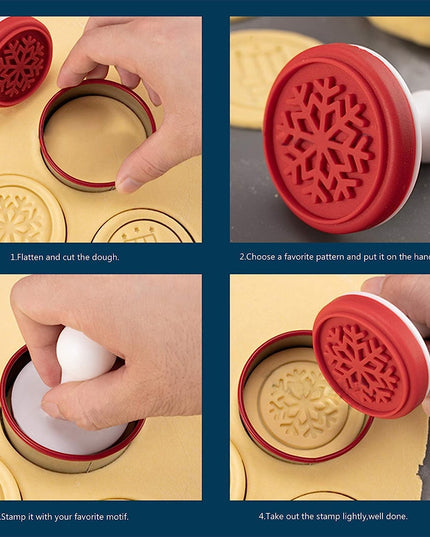 6 stampile pentru prajituri tematica de Craciun, din silicon alimentar non-toxic, taietor aluat inclus,maner din plastic, compact, usor de depozitat