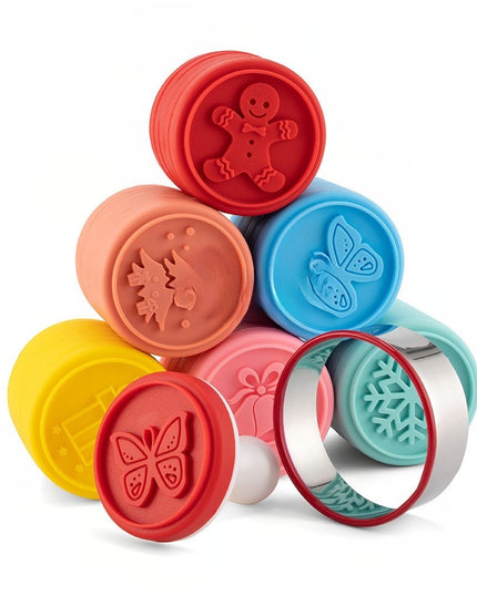 6 stampile pentru prajituri tematica de Craciun, din silicon alimentar non-toxic, taietor aluat inclus,maner din plastic, compact, usor de depozitat