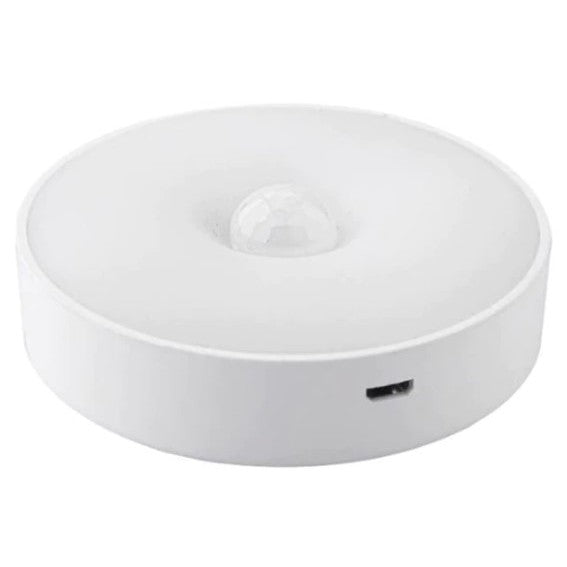 Lampa de Veghe LED, cu Senzor de Miscare, Doua Tipuri de Lumina Rece, Incarcare USB, Intrerupator On/Off/Auto, 0.6W, 300mAh, Design Rotund,8.5x2.3 cm