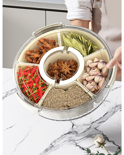 de Depozitare pentru Alimente, cu 6 Compartimente, pentru Condimente, Fructe, Legume, cu Manere de Prindere, Rotativa 360 de Grade, Inchidere Ermetica,Alba