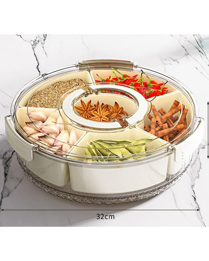 de Depozitare pentru Alimente, cu 6 Compartimente, pentru Condimente, Fructe, Legume, cu Manere de Prindere, Rotativa 360 de Grade, Inchidere Ermetica,Alba