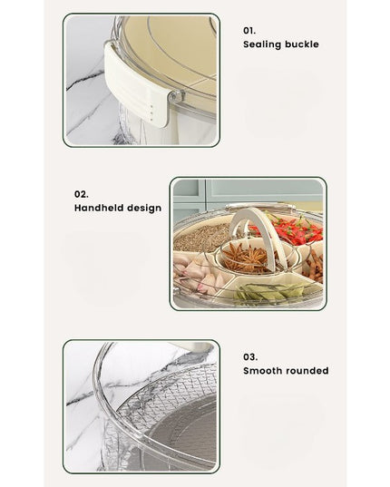 de Depozitare pentru Alimente, cu 6 Compartimente, pentru Condimente, Fructe, Legume, cu Manere de Prindere, Rotativa 360 de Grade, Inchidere Ermetica,Alba