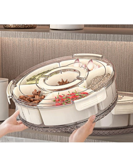 de Depozitare pentru Alimente, cu 6 Compartimente, pentru Condimente, Fructe, Legume, cu Manere de Prindere, Rotativa 360 de Grade, Inchidere Ermetica,Alba