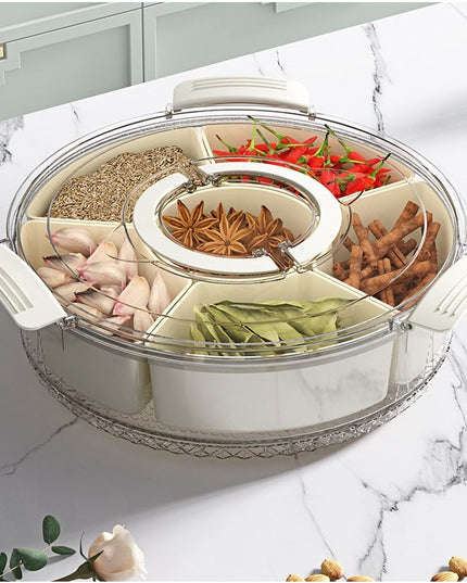 de Depozitare pentru Alimente, cu 6 Compartimente, pentru Condimente, Fructe, Legume, cu Manere de Prindere, Rotativa 360 de Grade, Inchidere Ermetica,Alba