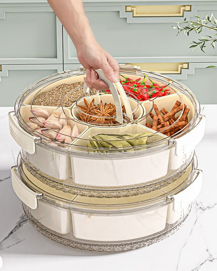 de Depozitare pentru Alimente, cu 6 Compartimente, pentru Condimente, Fructe, Legume, cu Manere de Prindere, Rotativa 360 de Grade, Inchidere Ermetica,Alba