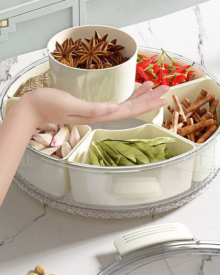 de Depozitare pentru Alimente, cu 6 Compartimente, pentru Condimente, Fructe, Legume, cu Manere de Prindere, Rotativa 360 de Grade, Inchidere Ermetica,Alba