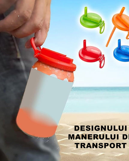 Capac Anti Varsare pentru Doze, Model cu Pai , Reutilizabil, din Plastic, cu Maner Transportabil, 5.4 cm