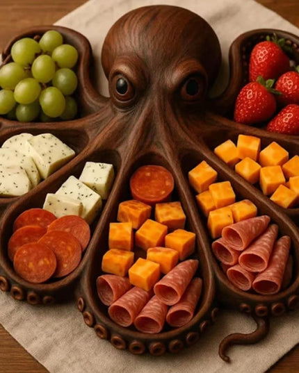 Platou pentru Servire, in Forma de Caracatita, 8 Compartimente pentru Mezeluri Branzeturi Snacksuri, Design Artistic, din Lemn Masiv
