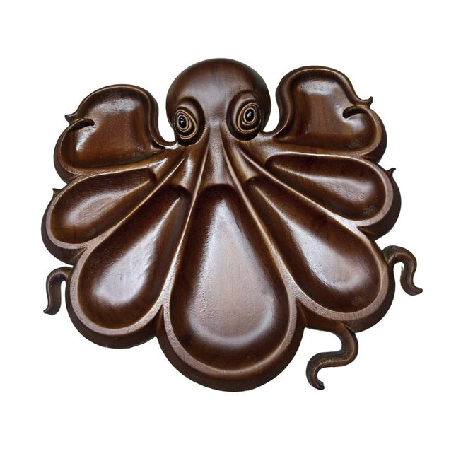 Platou pentru Servire, in Forma de Caracatita, 8 Compartimente pentru Mezeluri Branzeturi Snacksuri, Design Artistic, din Lemn Masiv