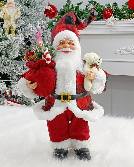 Figurina Decorativa Craciun, Mos Craciun cu Urs de Plus,Material Plastic+Textil, Interior/Exterior