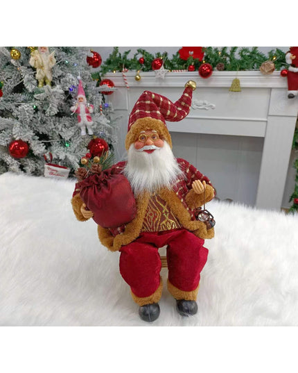 Figurina Decorativa Craciun, Mos Craciun Asezat cu Sac si Felinar,Material Plastic+Textil, Interior/Exterior