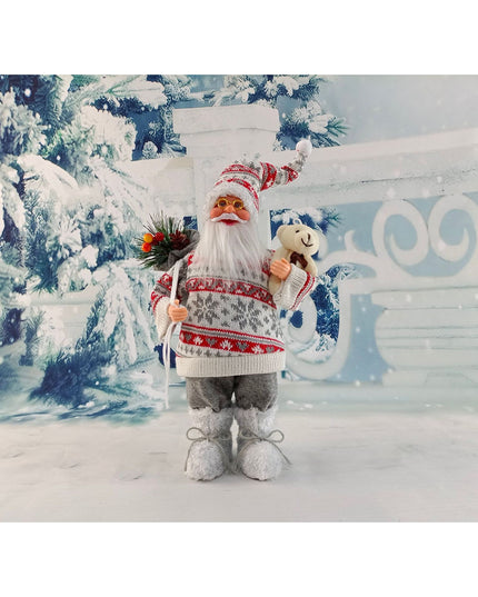 Figurina Decorativa Craciun, Mos Craciun cu Flori si Urs,Material Plastic+Textil, Interior/Exterior