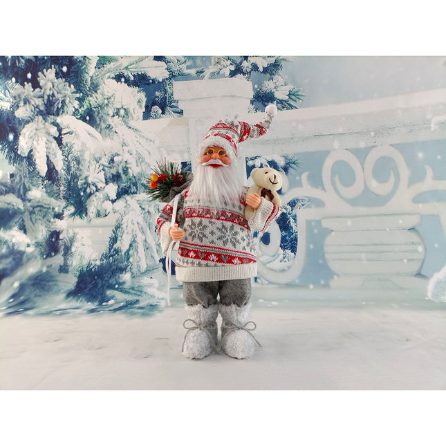 Figurina Decorativa Craciun, Mos Craciun cu Flori si Urs,Material Plastic+Textil, Interior/Exterior