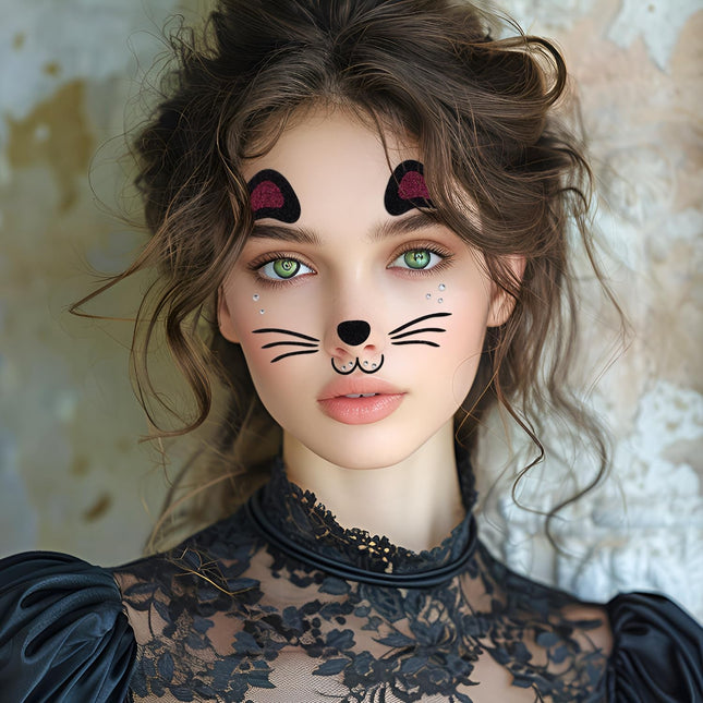Sticker Temporar pentru Fata, pentru Machiaj, Face Art, Halloween, Teatru, Model Pisica