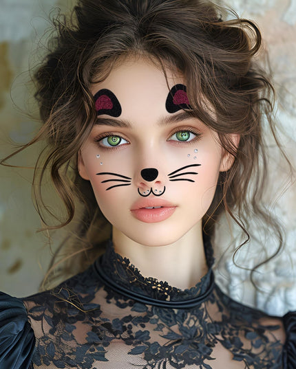 Sticker Temporar pentru Fata, pentru Machiaj, Face Art, Halloween, Teatru, Model Pisica