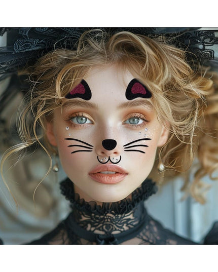 Sticker Temporar pentru Fata, pentru Machiaj, Face Art, Halloween, Teatru, Model Pisica