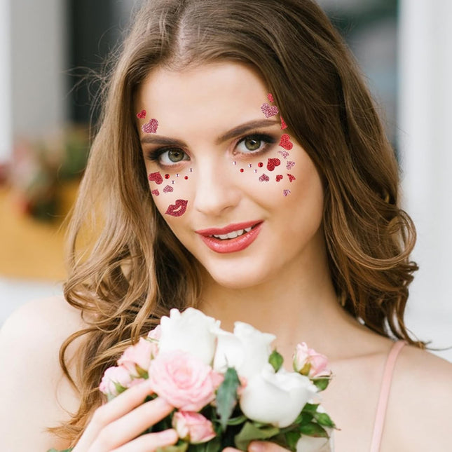Sticker Temporar pentru Fata, pentru Machiaj, Face Art, Halloween, Teatru, Tema Ziua Indragostitilor, Model cu Inimioare