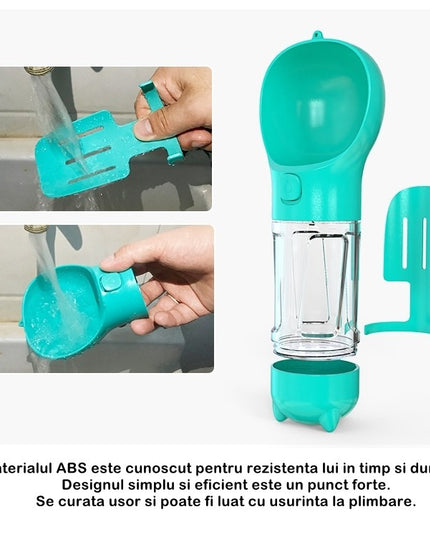 Sticla portabila 1 pentru caini si pisici, cu 3 compartimente + lopetica, 300ml, apa, hrana, pungi igienice, lopetica