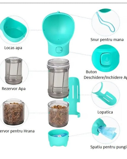 Sticla portabila 1 pentru caini si pisici, cu 3 compartimente + lopetica, 300ml, apa, hrana, pungi igienice, lopetica
