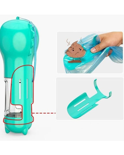 Sticla portabila 1 pentru caini si pisici, cu 3 compartimente + lopetica, 300ml, apa, hrana, pungi igienice, lopetica