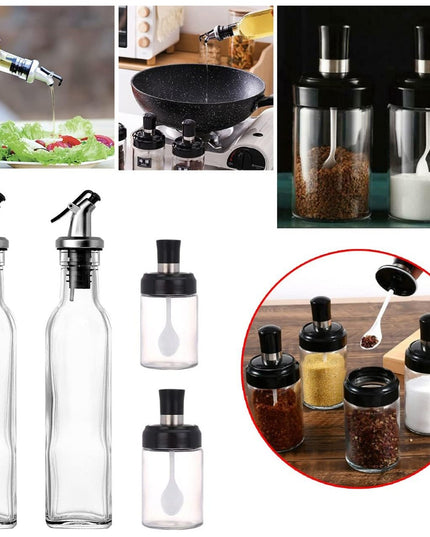 Sticle si Borcane de Ulei de Masline, Dozator 4 Bucati, 2 Sticle cu Dispenser 500 ml/ , 2 Borcane pentru Condimente cu Capac si Lingura 120ml/