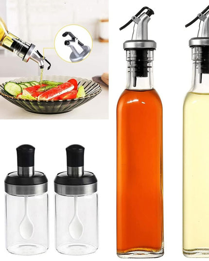 Sticle si Borcane de Ulei de Masline, Dozator 4 Bucati, 2 Sticle cu Dispenser 500 ml/ , 2 Borcane pentru Condimente cu Capac si Lingura 120ml/