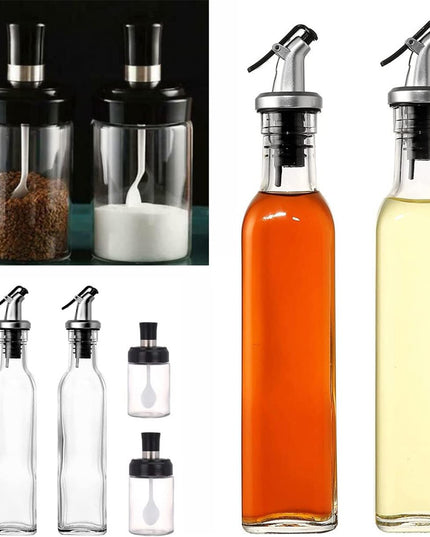 Sticle si Borcane de Ulei de Masline, Dozator 4 Bucati, 2 Sticle cu Dispenser 500 ml/ , 2 Borcane pentru Condimente cu Capac si Lingura 120ml/