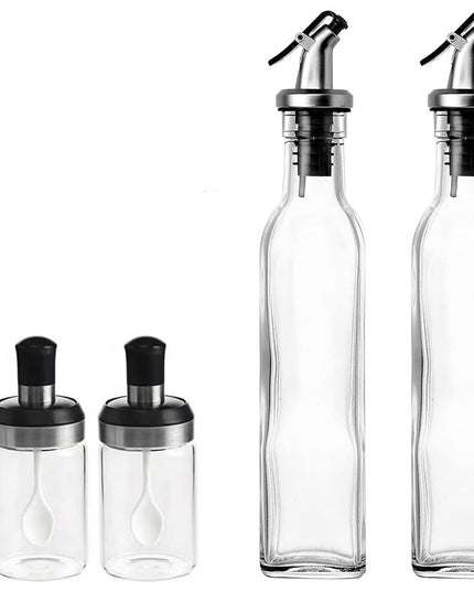 Sticle si Borcane de Ulei de Masline, Dozator 4 Bucati, 2 Sticle cu Dispenser 500 ml/ , 2 Borcane pentru Condimente cu Capac si Lingura 120ml/
