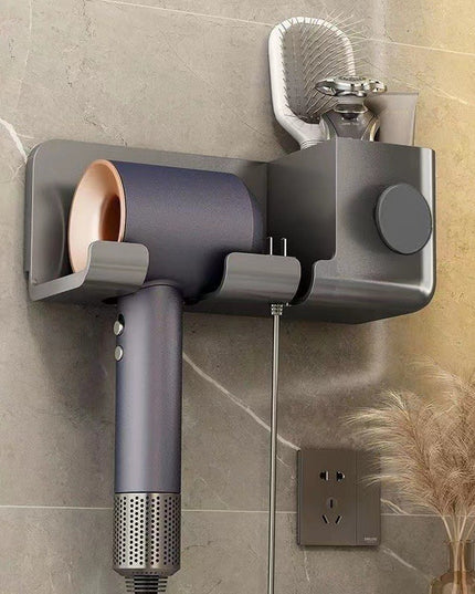 Suport de Baie, pentru Uscator de Par, cu Organizator Dublu, din Plastic, Aplicare cu Suport Adeziv