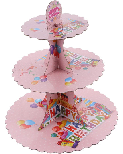 Etajera pentru Prajituri, din Carton, 3 Nivele, 16/22/29 cm Diametru, Inaltime 38 cm, Tema Happy Birthday