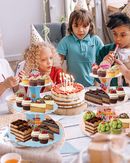 Etajera pentru Prajituri, din Carton, 3 Nivele, 16/22/29 cm Diametru, Inaltime 38 cm, Tema Happy Birthday
