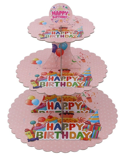 Etajera pentru Prajituri, din Carton, 3 Nivele, 16/22/29 cm Diametru, Inaltime 38 cm, Tema Happy Birthday