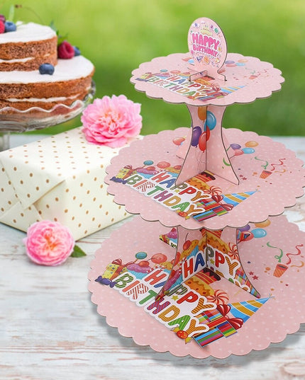 Etajera pentru Prajituri, din Carton, 3 Nivele, 16/22/29 cm Diametru, Inaltime 38 cm, Tema Happy Birthday
